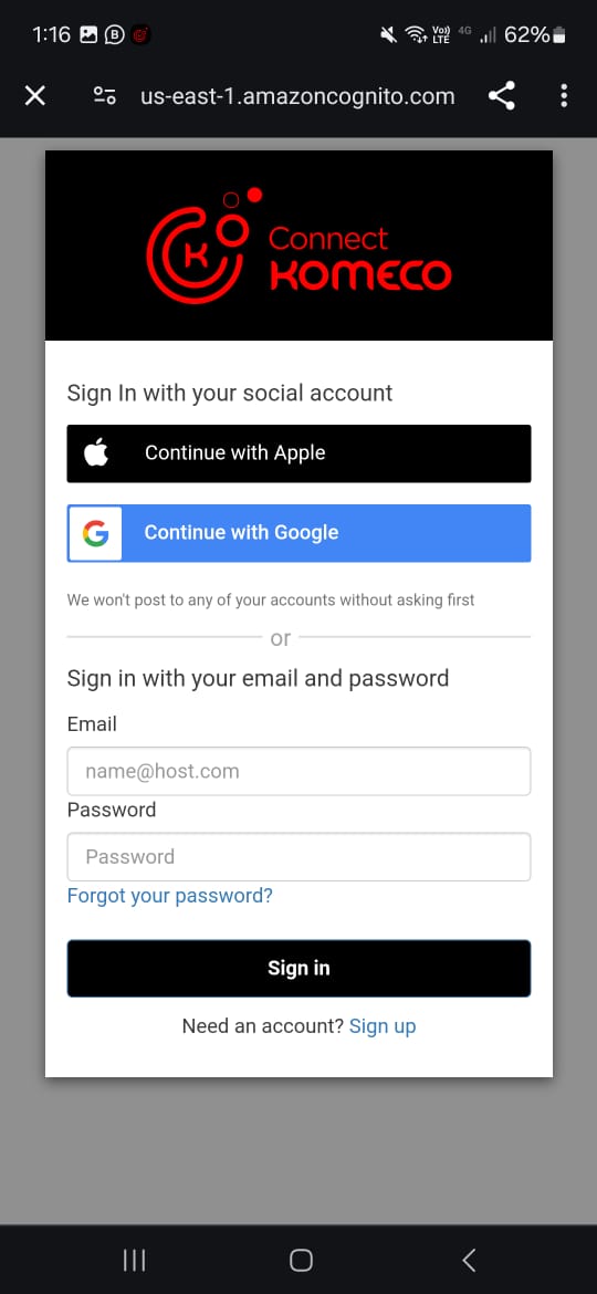 Tela de login com as credencias do Connect na Google
