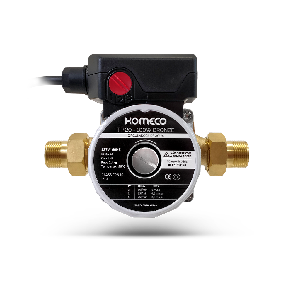 Bomba de circulação TP 20 Komeco. Ideal para pressurização de água para aquecedores a gás. Suporta temperaturas de até 90ºC. Versão bronze.