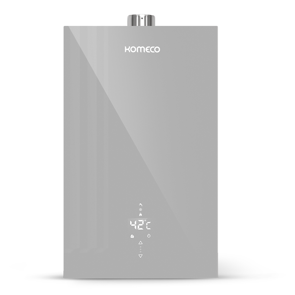Aquecedor de água a gás linha Decor Edition Silver Komeco, produto na cor cinza, produto exclusivo, modelos com 16 e 21 litros.