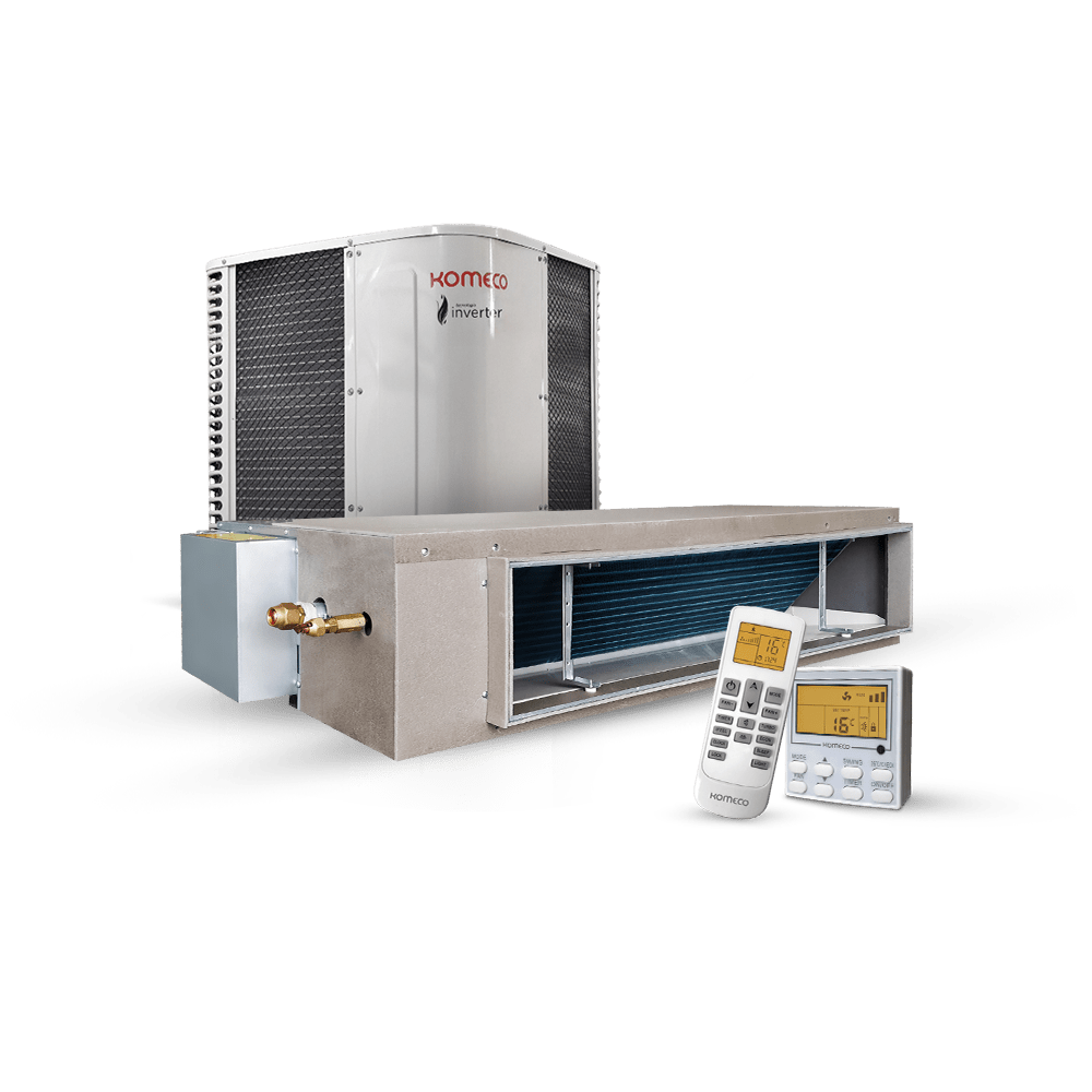Foto de um split duto e a condensadora retrofit komeco. Controle remoto sem fio. Controle remoto fixo de parede.