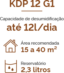 KDP 12 G1 - Capacidade de desumidificação - até 12l/dia - Área recomendada - 15 a 40 m² - Reservatório - 2,3 litros