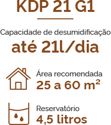 KDP 21 G1 - Capacidade de desumidificação - até 21l/dia - Área recomendada - 25 a 60 m² - Reservatório - 4,5 litros